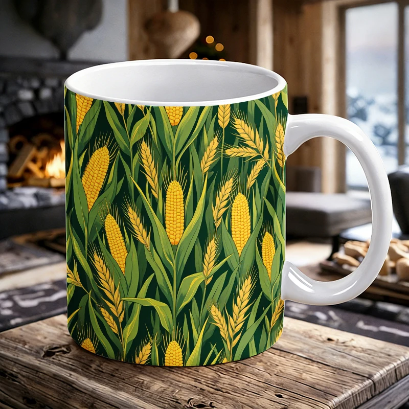

Artistic Corn & Wheat Stalks Ceramic Coffee Mug ，All-Over Print Farmhouse Ceramic Water Cup， Give Family Gift Tea Mug