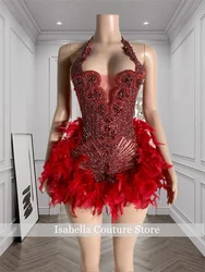 Glitter Red Rhinestones Sexy Short Prom Dress Feathers Sparkly Beads Diamonds Crystal  Birthday Party Homecoming Dress Customize