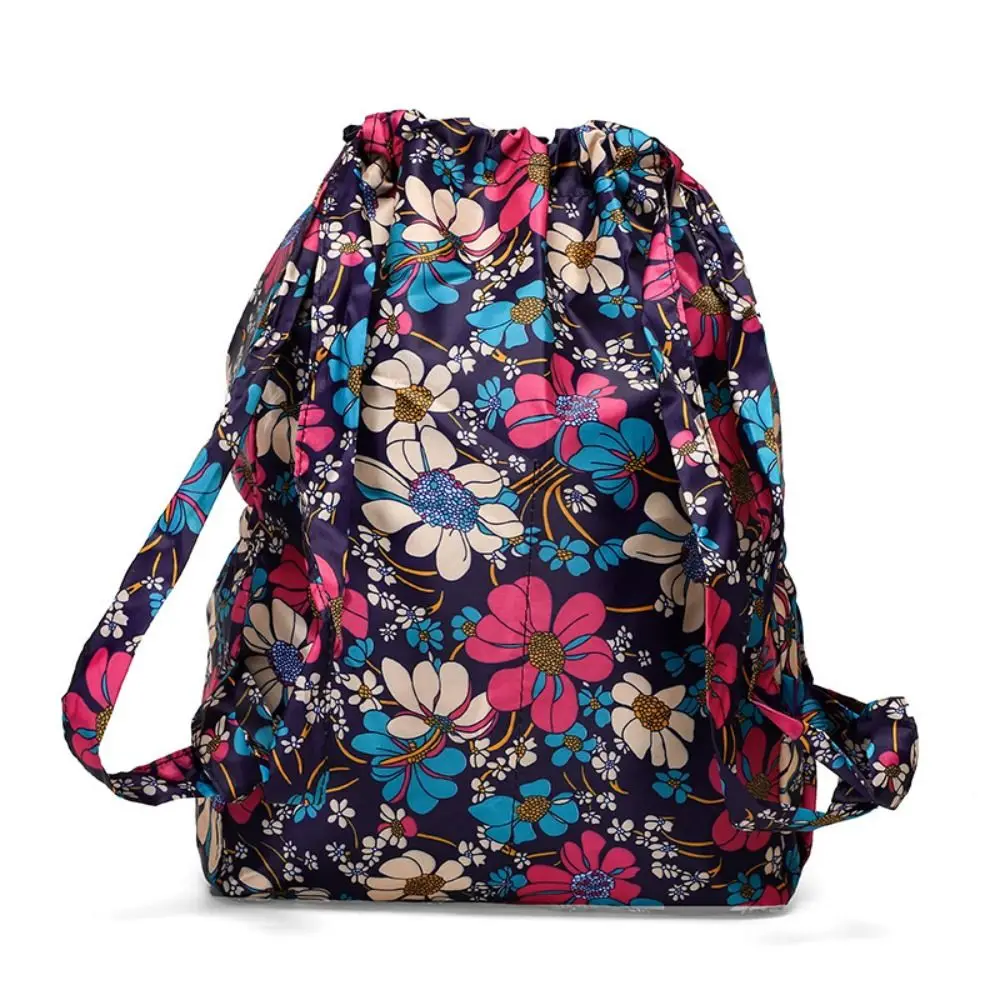 Multifuncional floral impresso Drawstring Bag para senhoras, impermeável, portátil saco de compras, grande capacidade saco de viagem, poliéster Fold