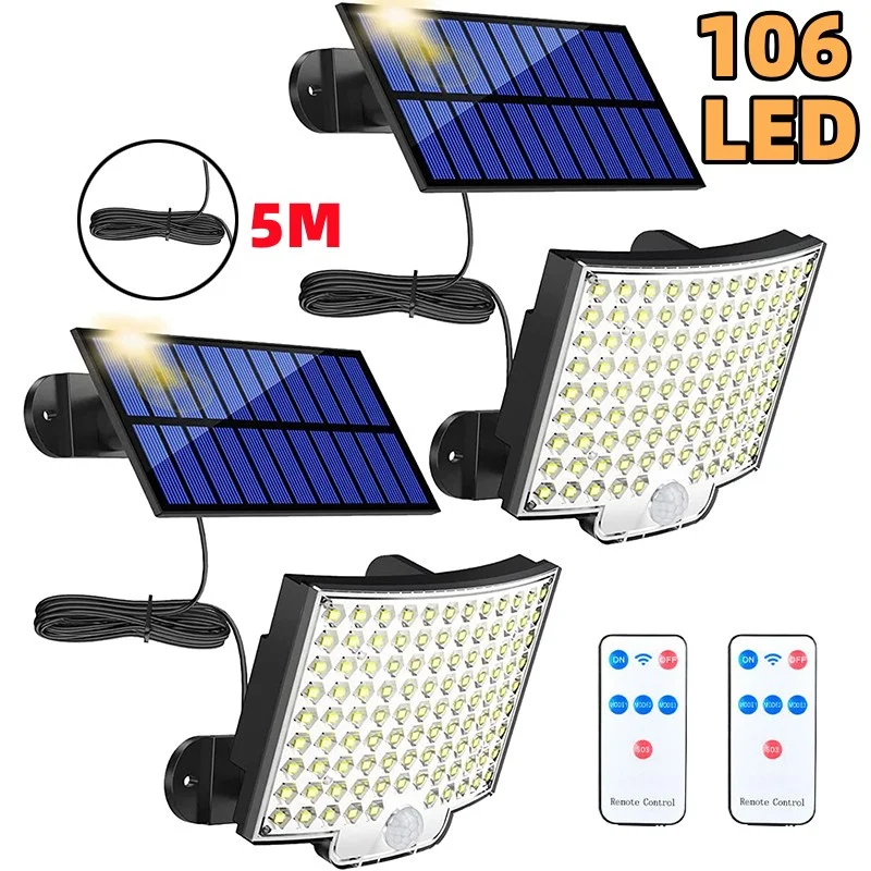 luz solar ao ar livre 106 led super brilhante sensor de movimento energia forte solar led jardim lampada parede ip65 a prova impermeavel agua modos trabalho 01