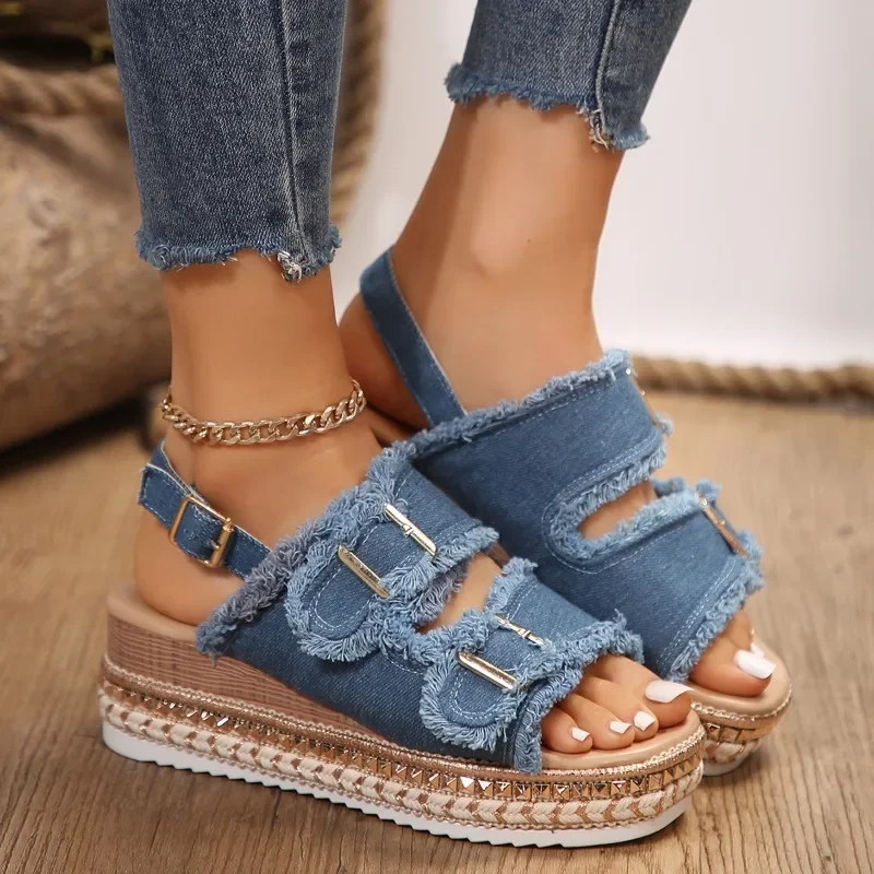 

2024 New Summer Women Wedge Sandals Beach Slippers Double Buckle Non-slip Clogs Slides Women Flip Flop Platform Sandals Women