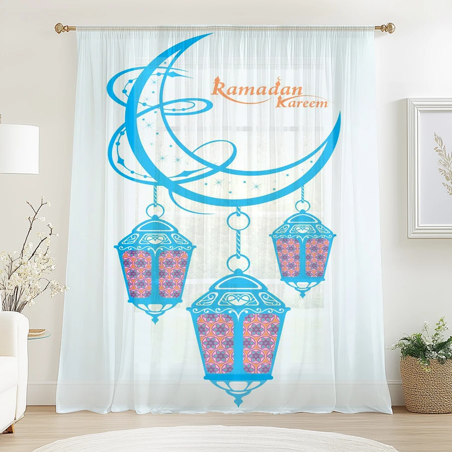 1PC Ramadan Kareem Elegant Crescent & Patterned Lantern Sheer Curtain Islamic Festive Print Light Filtering Window Drape