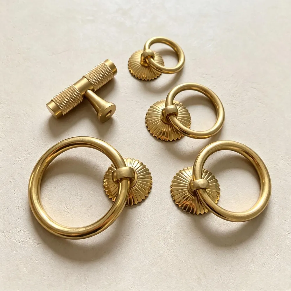2Pack Solid Brass Kitchen Cabinet Ring Pulls Gold Drawer Dresser Knobs Cupboard Door Handles Modern