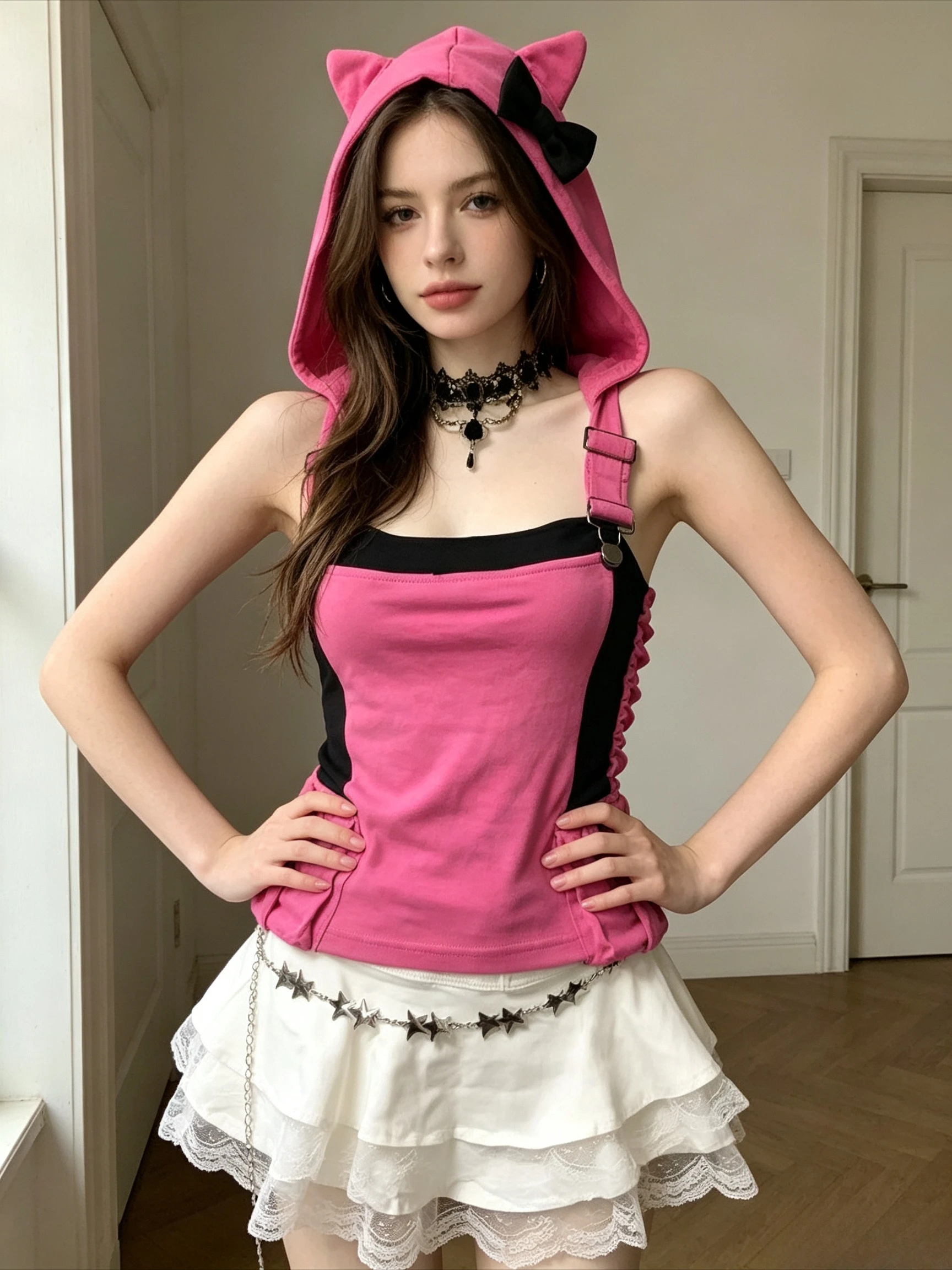 Y2K Cat Ear Hooded Tube Top Hot Pink Black Contrast Sleeveless Top Bow Detail Adjustable Strap Summer Street Fashion Camisole