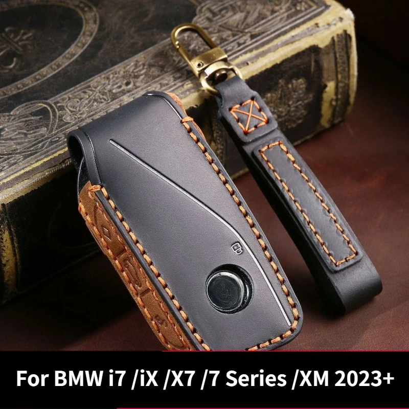 Retro Handmade Car Key Case for BMW i7 iX X7 7 Series XM 2023,Genuine Full‑Grain Leather Full Wrap Anti‑Drop Key Protector