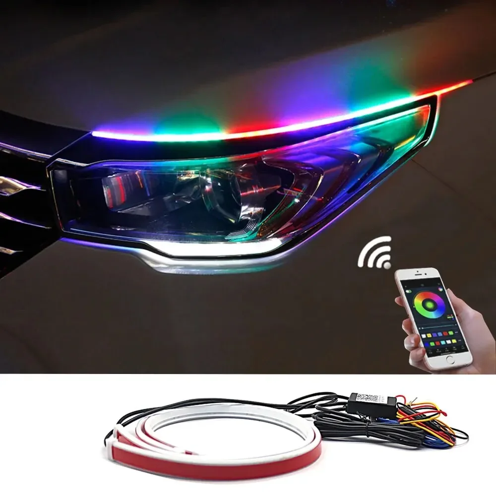 2PCS Car Decorative LED Strip RGB Daytime Running Light DRL APP Remote Control Cool Colorful Flowing Turn Signal Waterproof