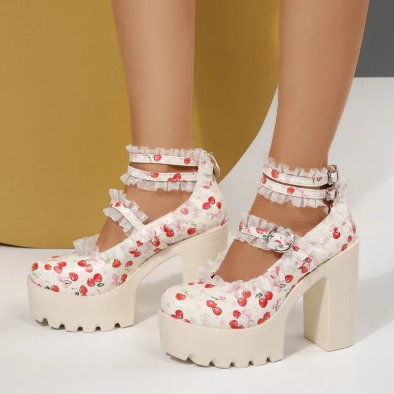 

Chunky Super High Heel Pumps for Women Lace Cherry Ankle Straps Mary Jane Shoes Women's Goth Platform Party Dress Lolita Shoes