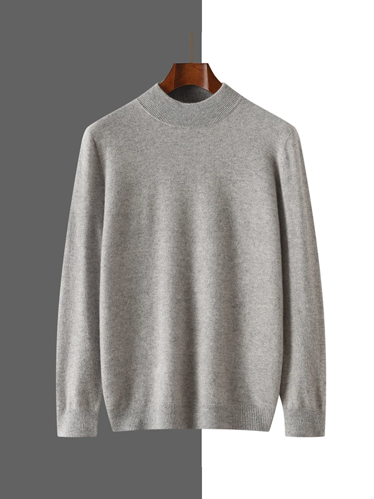 Chic Mock Neck Men's 100% Cashmere  Sweater  Long Sleeve Pullover Autumn Winter Basic Casual Knitwear High Quality Soft New Tops