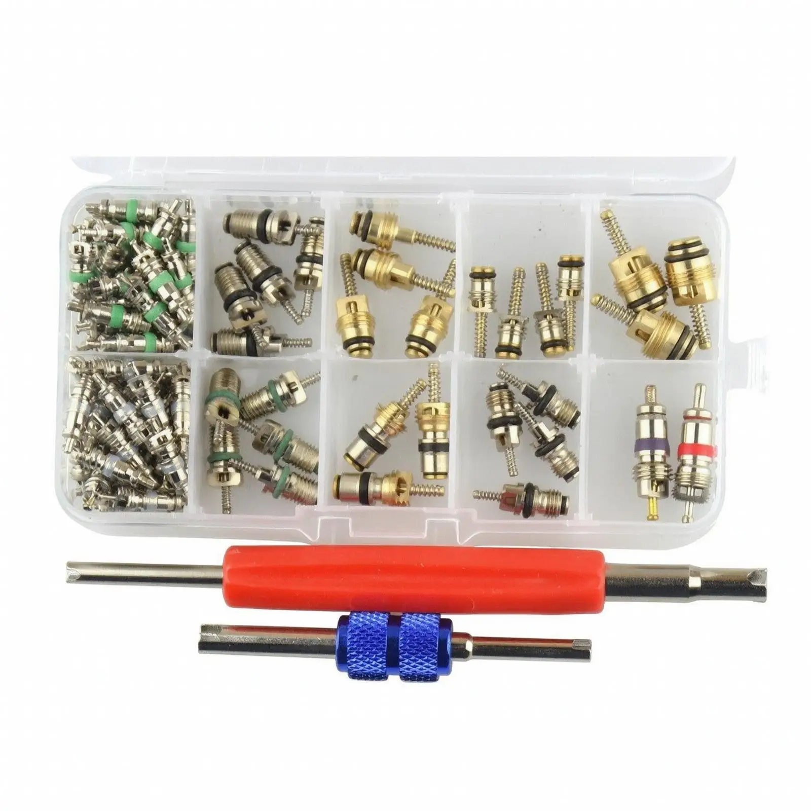 AC System Valve Core Replacement Tool Set for Cars Featuring Leakproof Fittings and Portable Storage Case for Garage Work