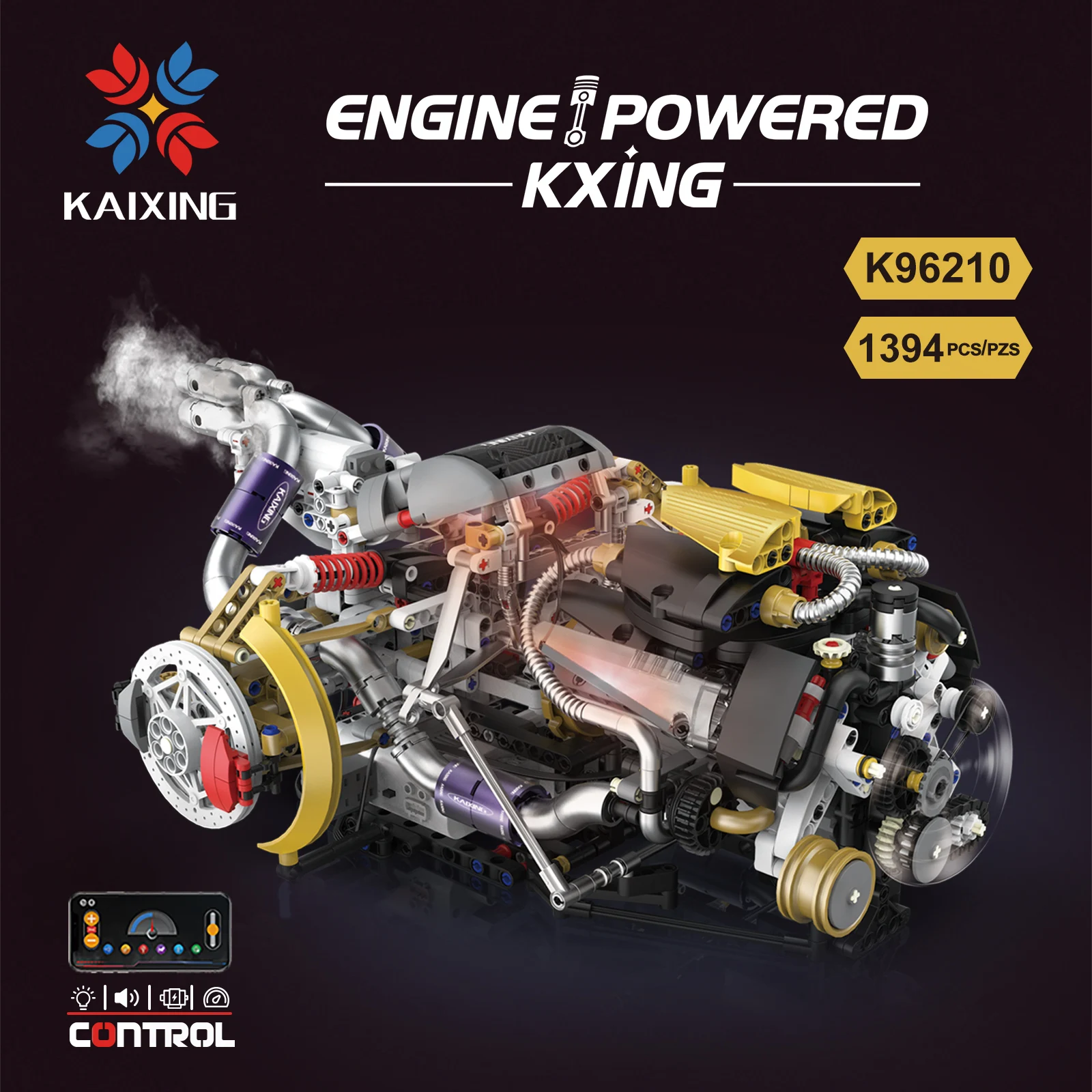

K96210 1394pcs Hypercar Style V8 Engine Building Kit with LED & APP Control & Sprayer Programmable Educational Toys