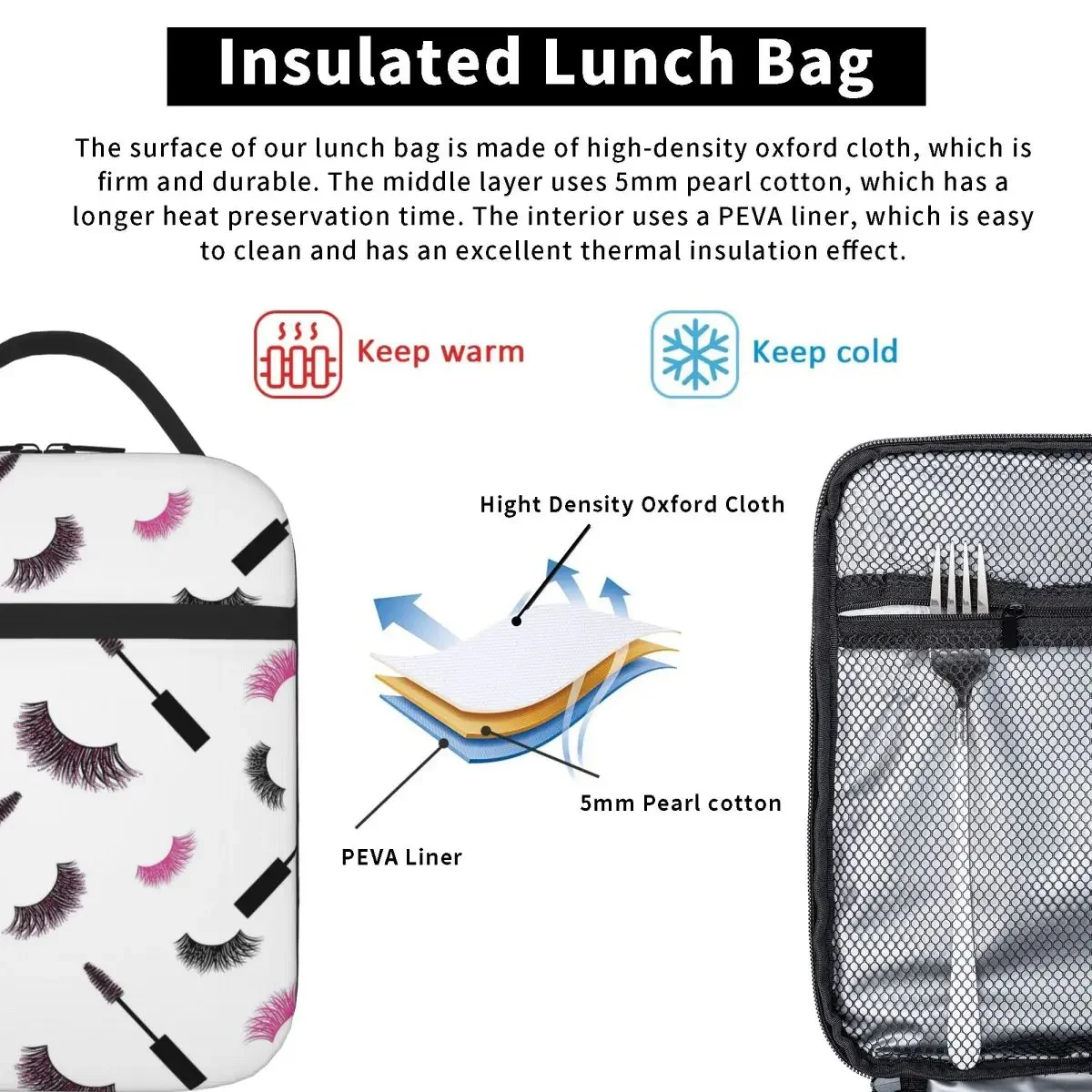 Lashes And Mascara With Pink Glitter Pattern Insulated Lunch Bag for Kids Cooler Thermal Food Box Tote Leakproof Boxes Container