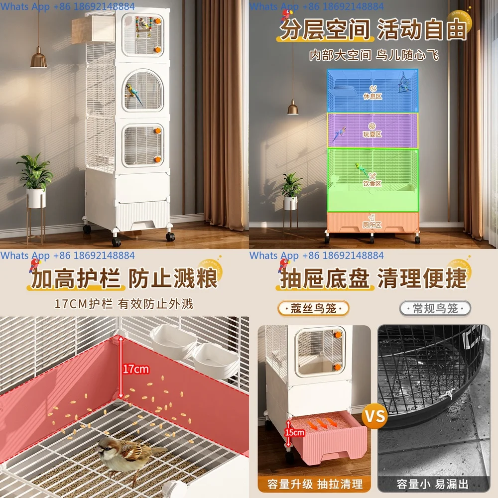 Transparent splash proof reinforced parrot cage for large birds with horizontal wires luxury design