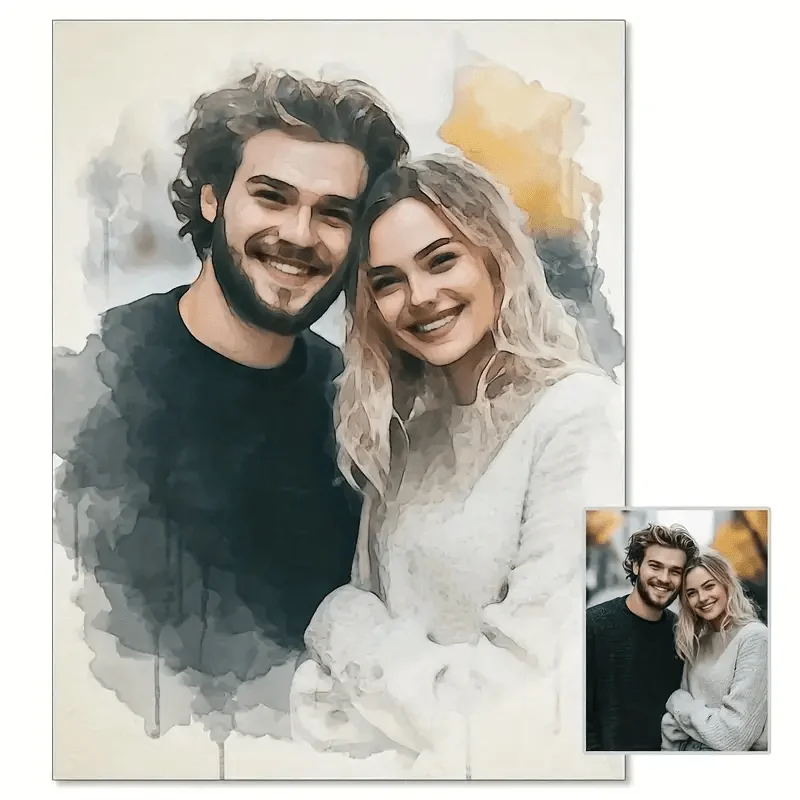 Personalized Watercolor Style Couple Canvas Print, Upload Photo Romantic Lovers Artwork, Unframed Poster Home Wall Decoration