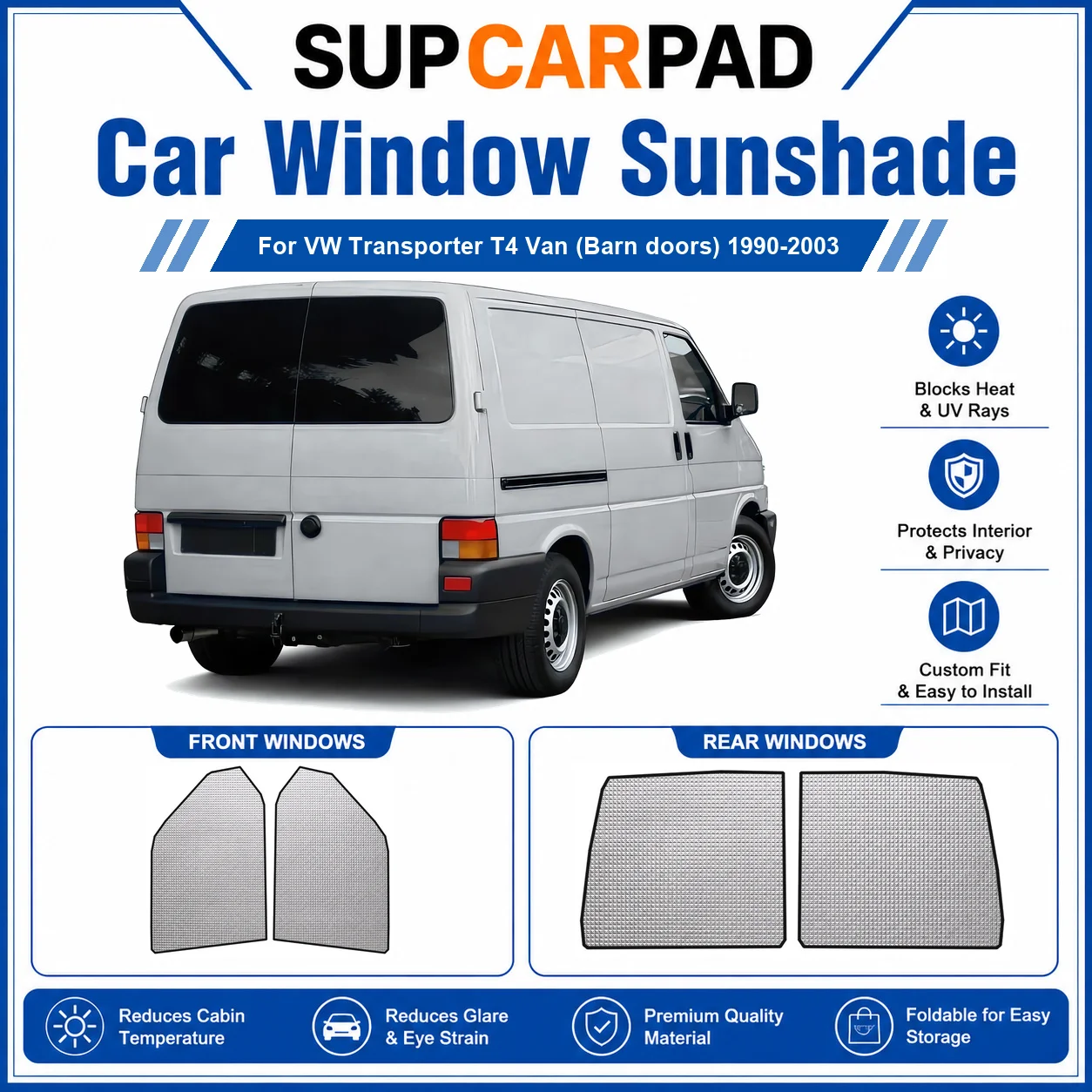 

For VW - VW Transporter T4 Van (Barn doors) 1990-2003 Full Set Car Window Sunshades UV Block Privacy Heat Insulated Foldable Car