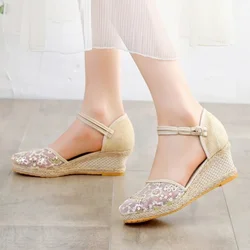 2025 New Korean Women's Sandals Woman Wedge Breathable Mesh Lace Sandalias Lady Round Toe Hemp Braided Buckle Heels Women Shoes