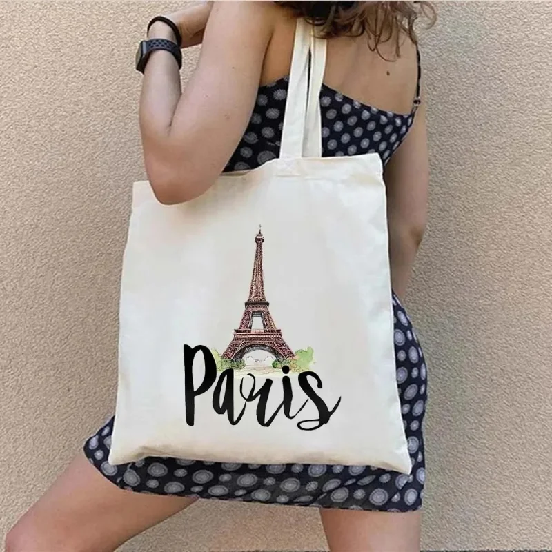 Paris Travel City Print Women Shoulder Bags Harajuku Canvas Shopping Bag Large Capacity Tote Handbag Reusable Eco Girl Handbags