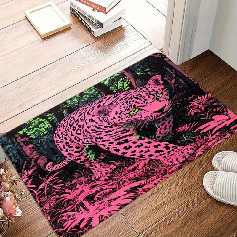 Pop Art Leopard Floor Mat 1pc – Bright Pink Jaguar in Forest Design, Stylish Indoor Doormat for Home Decor and Fashion Lovers