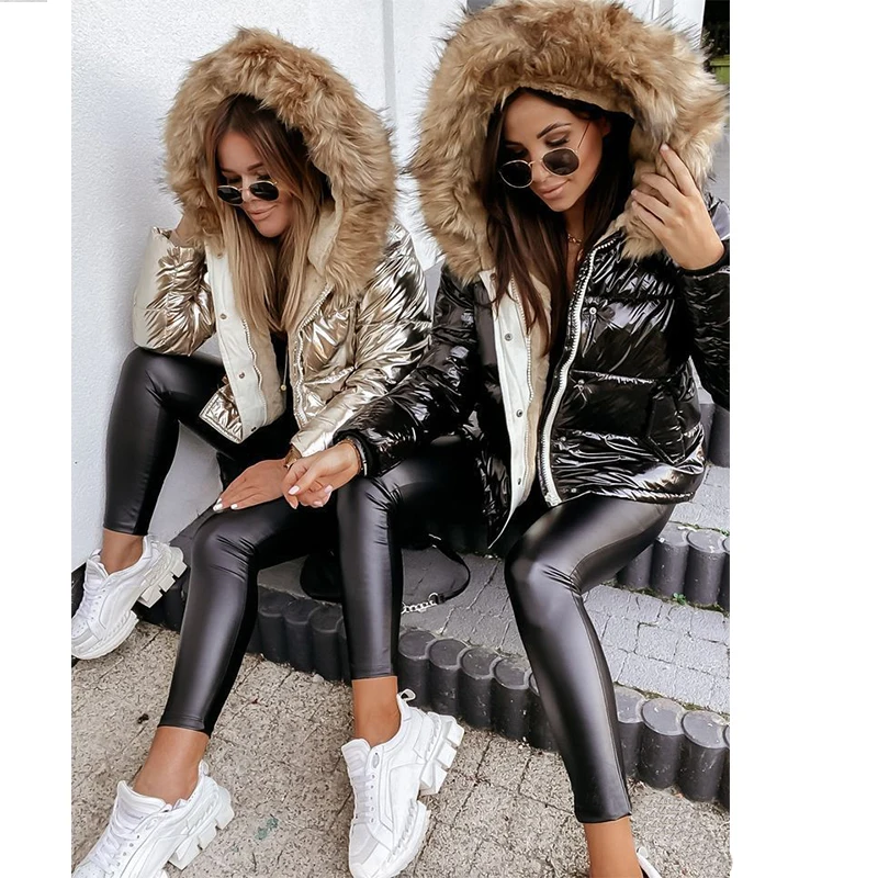 

Loose Jacket Shiny PU Short Slim 2022 Winter New Women Fur Collar Hooded Parkas Plus Velvet Thick Warm Girls Cotton Coats