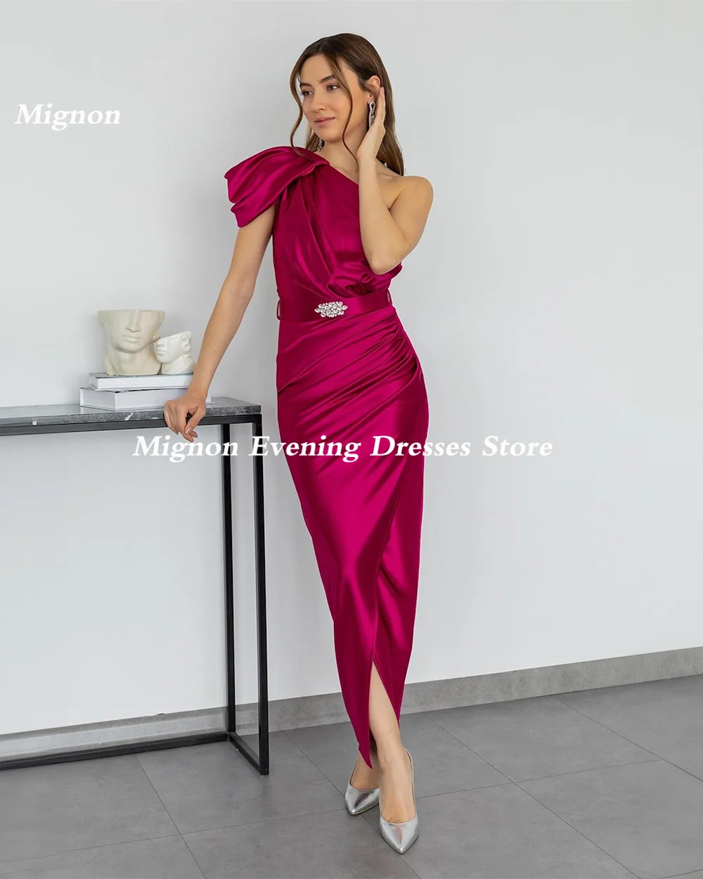 Mignon Satin Mermaid monospalla Ruffle Prom Gown Populer abito da sera elegante formale alla caviglia per le donne 2023