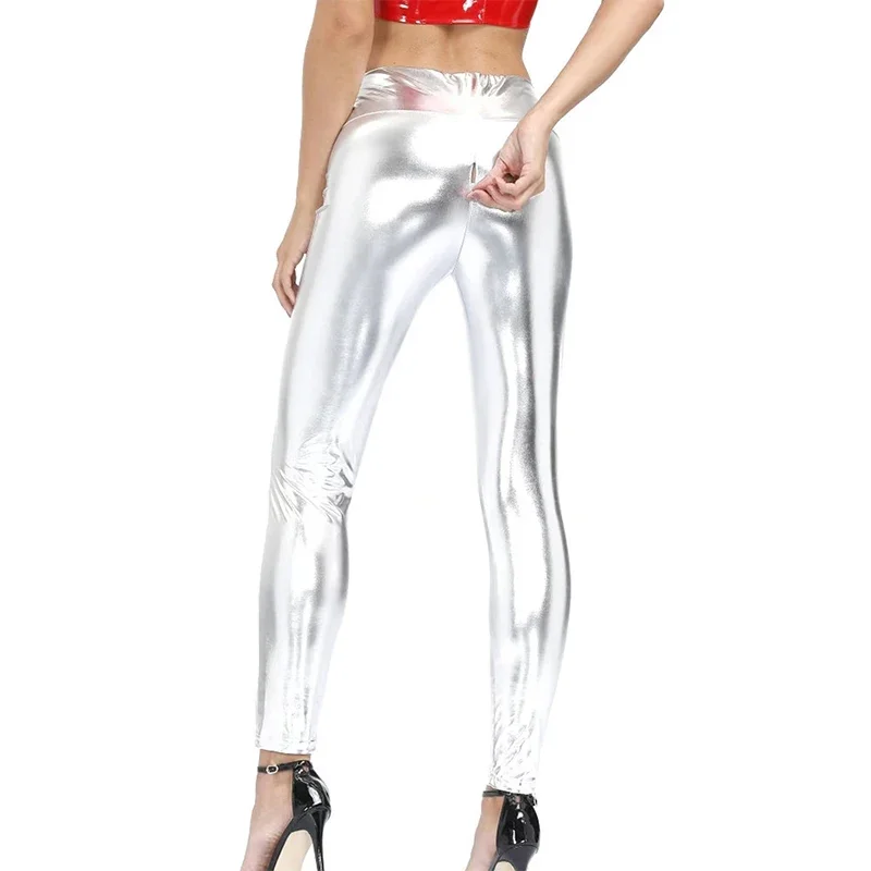 

Silvery-Crotcheted Faux Leather Pants, Sexy Club Wear, Slim, Wet Look, Red Leggings, Party Pencil Trousers, Custom, Exotic