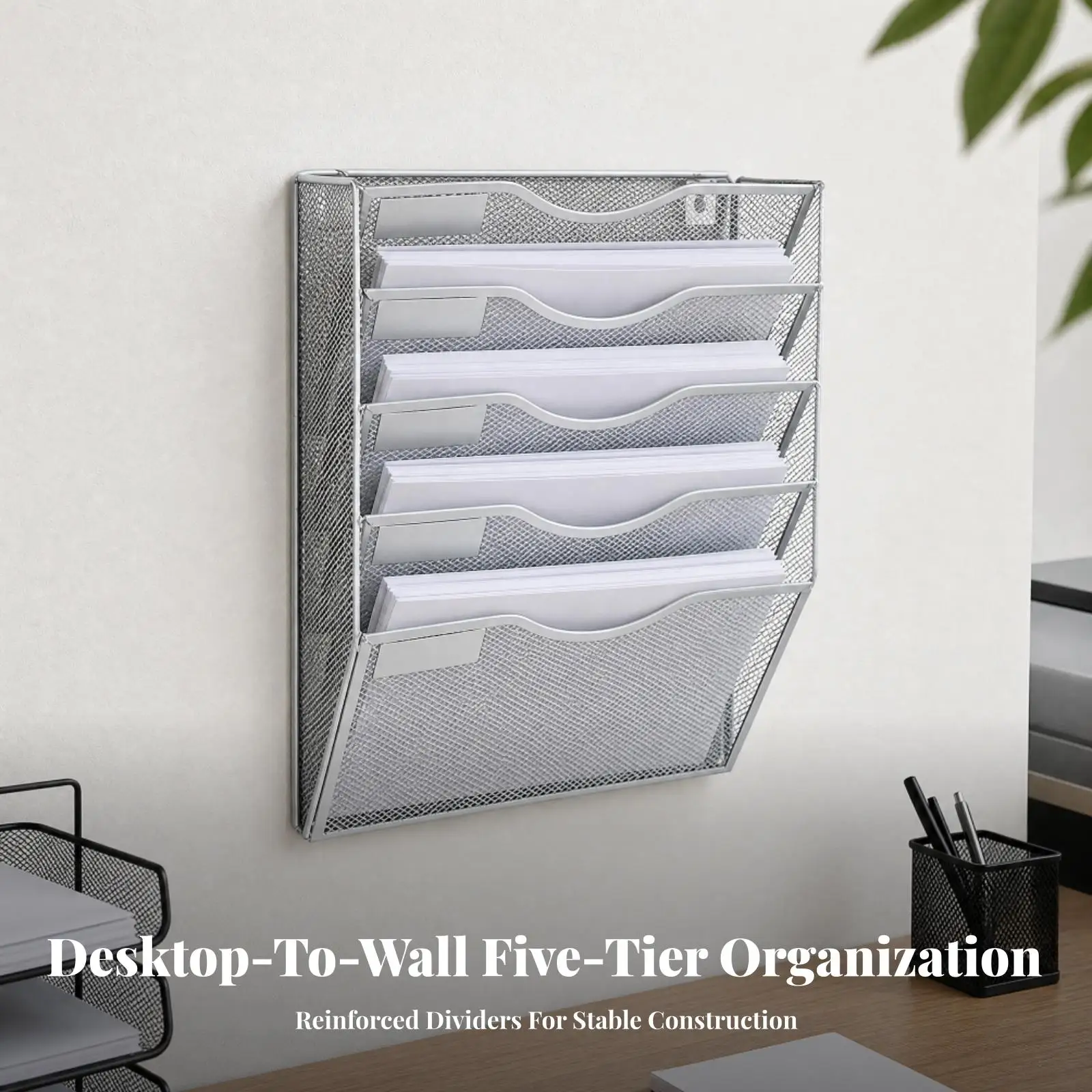 Wall-Mounted Metal Document Organizer Easy to Install 5 Tier Metal Mesh File Organizer for Office, Home Workspace