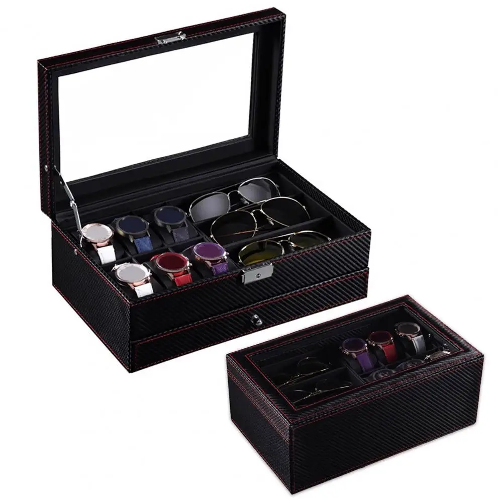 Watch Storage Box Capacity Watch Sunglasses Organizer with Multiple Compartments Window Design Drawer Storage Case for Watches