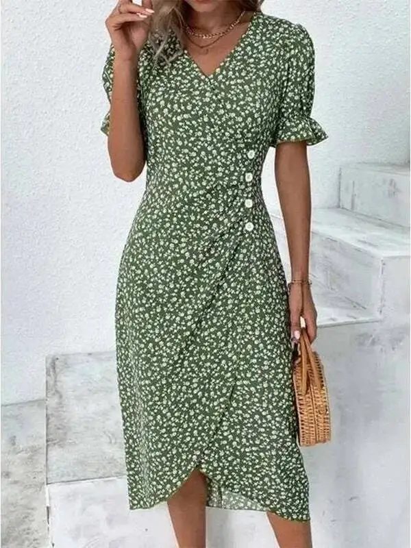 Elegant Floral Pleated H Shaped Midi Dress Female V Neck Puff Sleeve Waist Ruched Button Dresses Women Summer Dress Robe WJR8