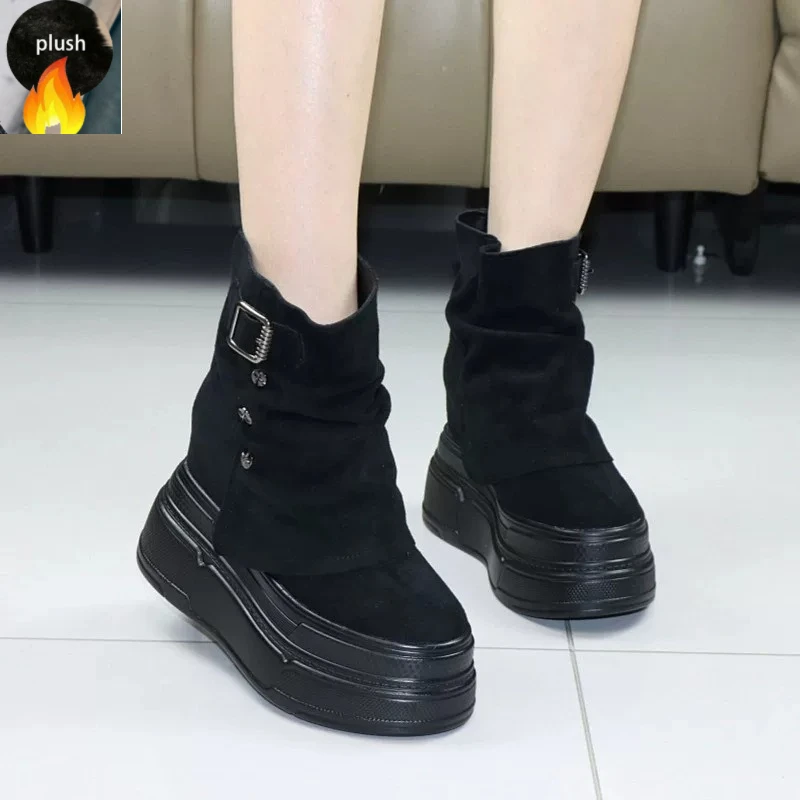 Retro Slouch Boots Women 12cm Hidden Height Increasing Winter Warm Short Boots 10cm Thick Platform Booties