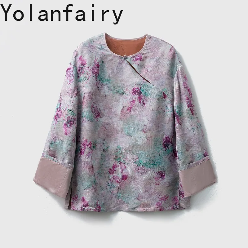 YOLANFAIRY 2026 Women Loose Silk Blouse 100% Mulberry Silk Gambiered Jacquard Organza Shirts Woman Roll-up Sleeves Casual Top