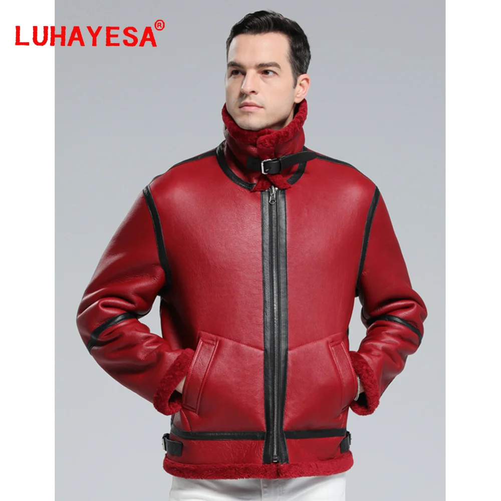 

2024 Men Red Genuine Leather Jacket Winter Warm Luhayesa 100% Real Natural Sheepskin Shearling Fur Coats