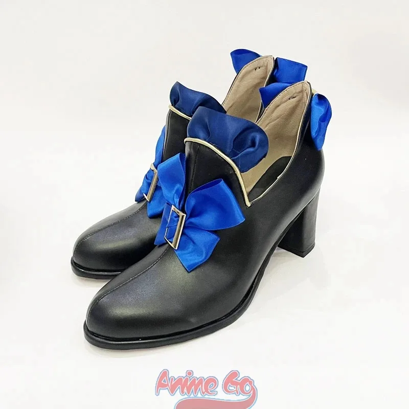 

Game Genshin Impact Furina Cosplay Shoes Blue Bow Black Chunky Heels C08546