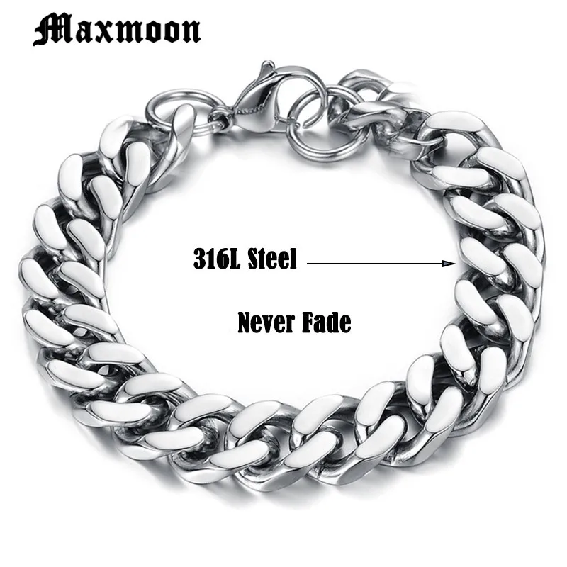 Maxmoon Mens Bracelet Chain Polished Stainless Steel Silver Color Black Gold Chains Bracelet for Men Cuban Link 3/4/6/71mm