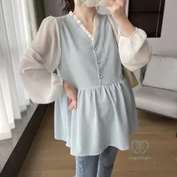 V Neck Patchwork Maternity Blouses 2024 Spring Korean Fashion Shirts Clothes for Pregnant Women Pregnancy Tunic Tops