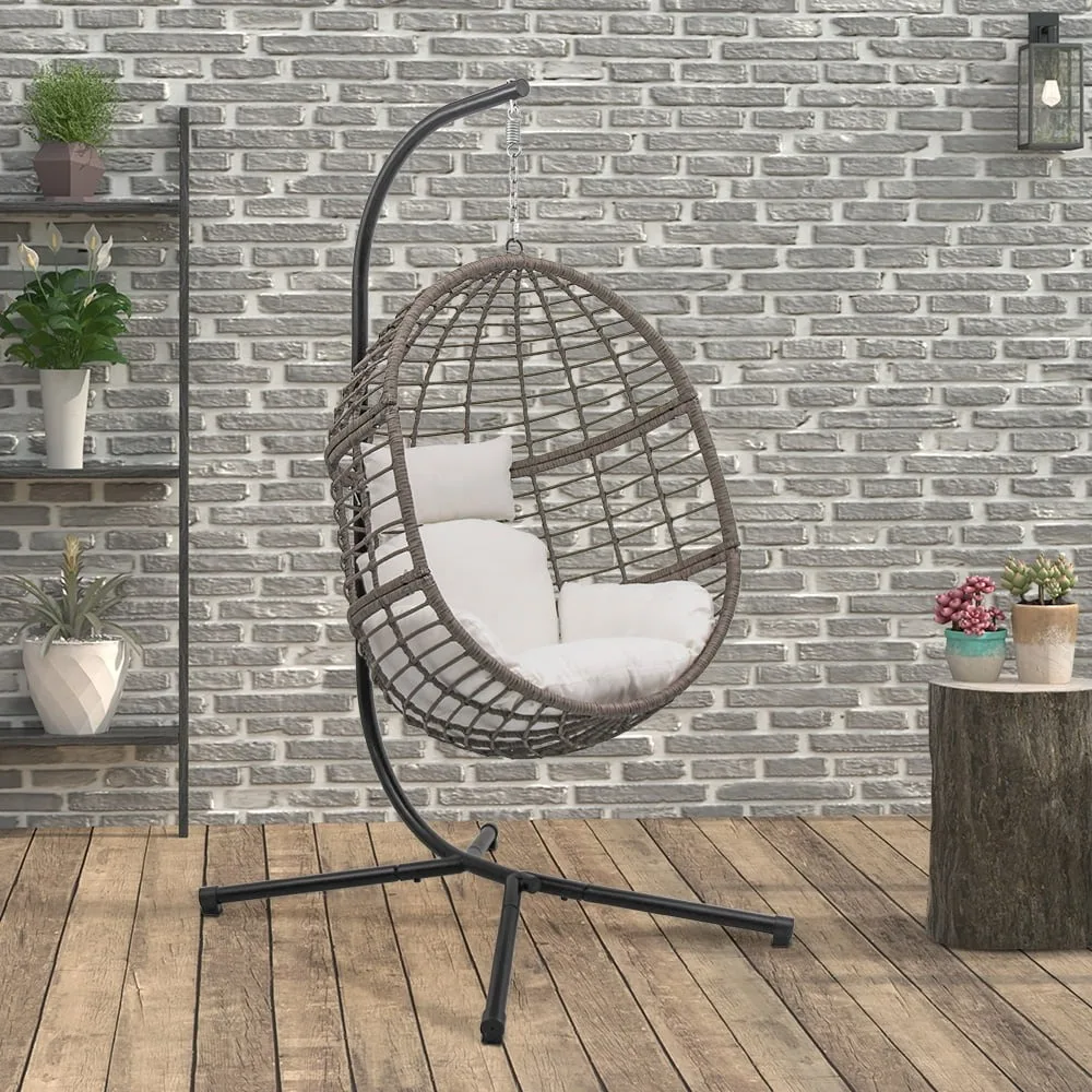

Gray Wicker Hanging Egg Chair with Stand for Indoor Living Room Outdoor Patio Swing Chair with Cushion and Stand - White