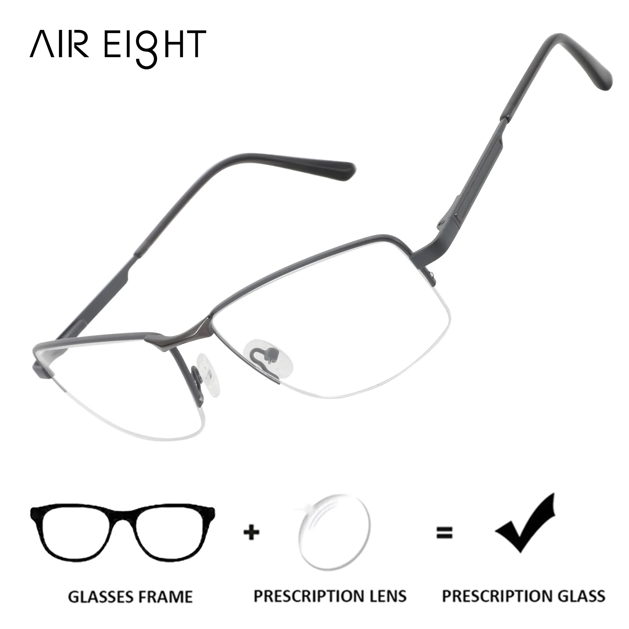 AIR EIGHT XXL Size Half-Rim Square Metal for Men Prescription Glasses Myopia Lenses Photochromic Blue Light Blocking Eyewear