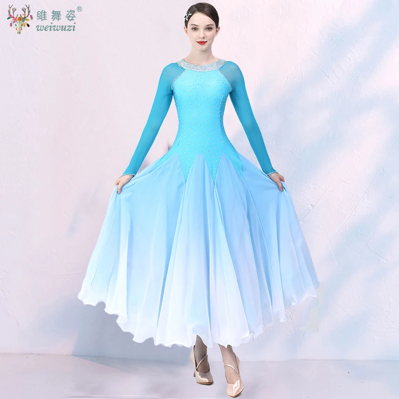 Traje de desempenho de dança moderna high-end elástico gradual mudança de cor vestido adulto valsa dança de salão roupas de competição