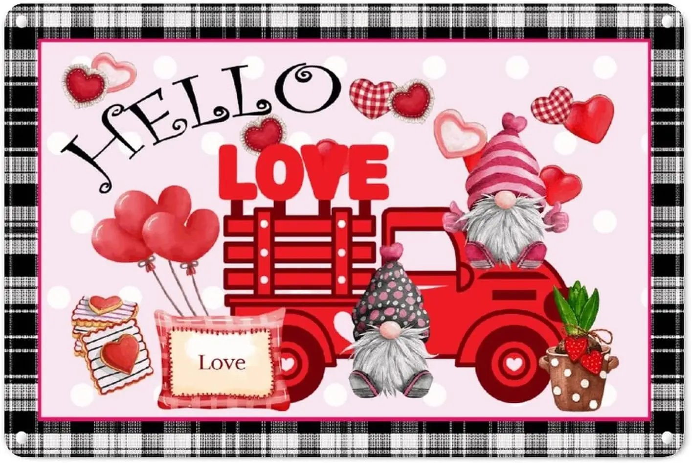 Grey Black Tartan Ginghan Check Metal Tin Sign Wall Plaque Hello Love Red Pink Truck Gnome Metal Wall Sign Heart-Shaped