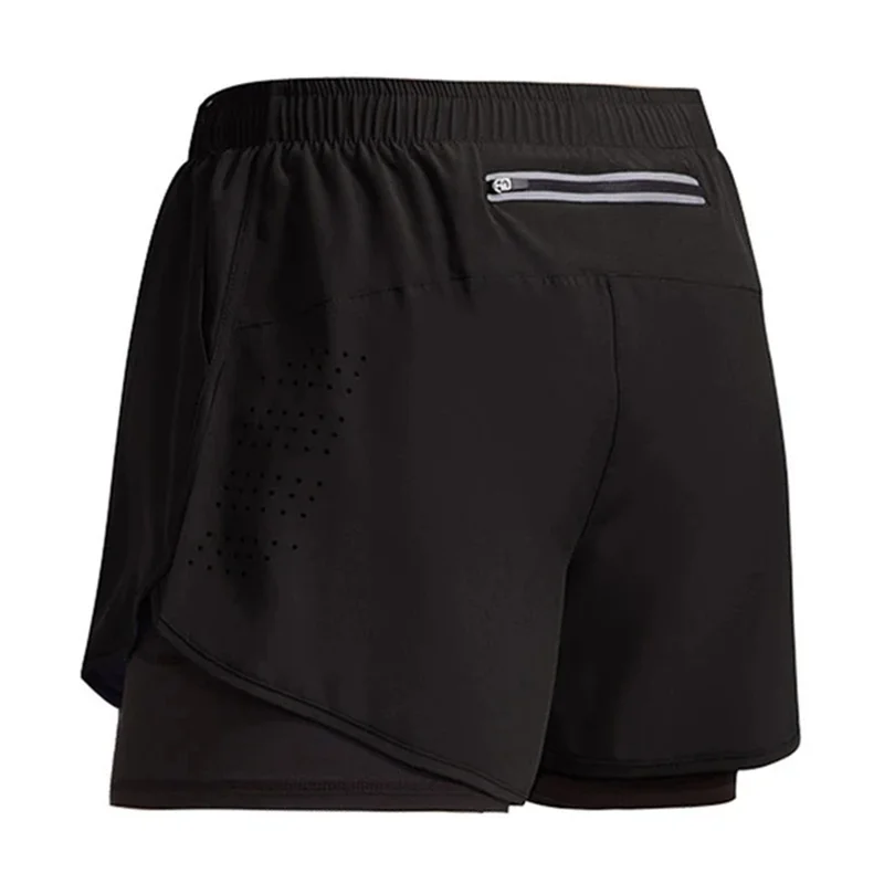 Calções masculinos esportivos de deck duplo, bottoms de praia, ginástica, treino, jogging, corrida, calças curtas, roupas esportivas 2 em 1, novo para verão