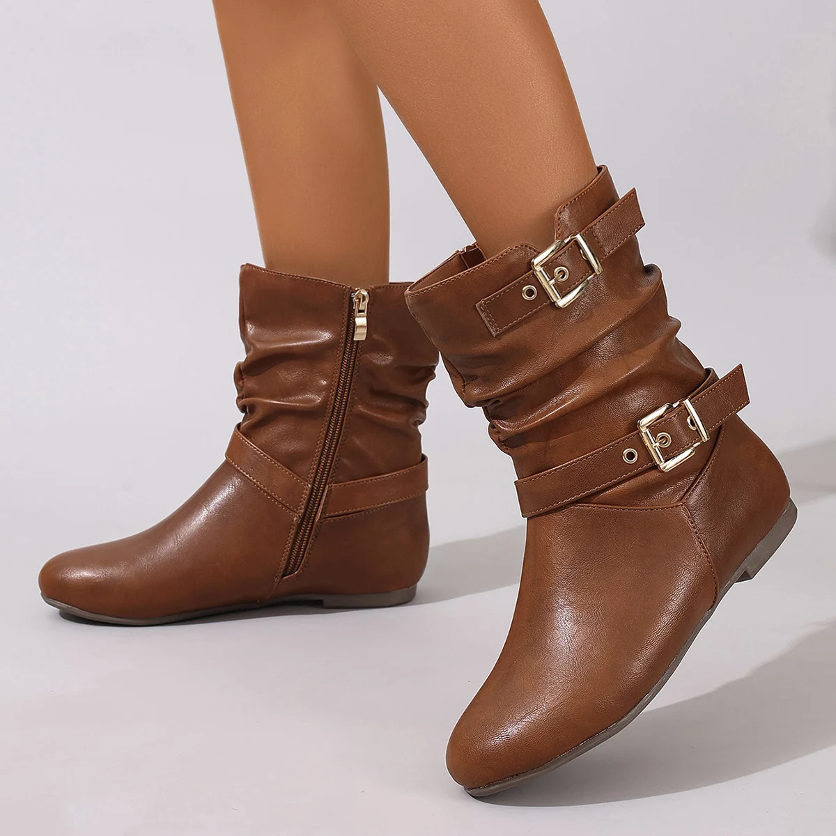 Women's Black Faux Leather Buckle Short Boots, Flat Heel Height-Increasing Single Boots with Side Zipper, Casual Everyday Spring and Autumn Shoes, Large Size Women's Boots