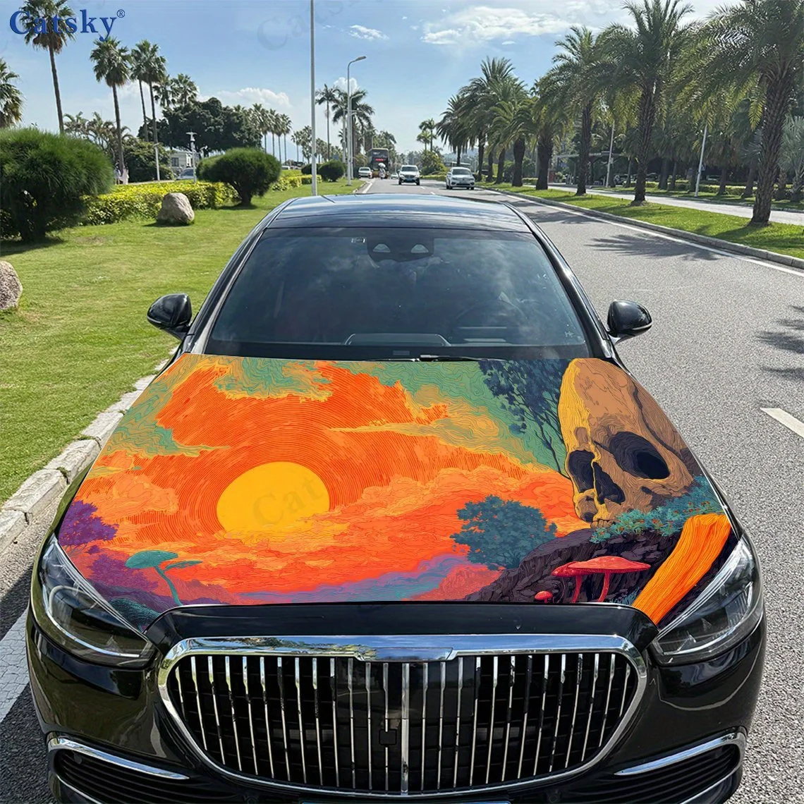 طباعة شلال جمجمة، ملصقات غطاء محرك السيارة، ملصق غطاء محرك السيارة ذاتي اللصق PVC مقاوم للماء، ملصقات حماية تزيين غطاء السيارة، AU #3