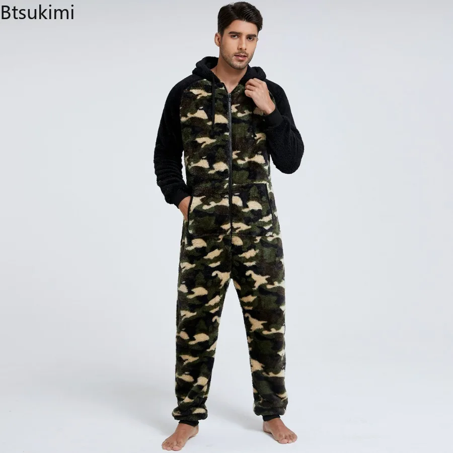 New 2024 Autumn Winter Casual Flannel Onesies Hoodie Jumpsuit Pajama Men Soft Jumpsuits Hoodie Zipper Sleepwear Male Homewear