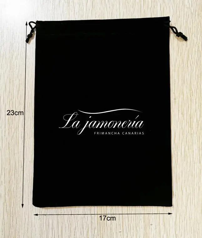 100 Units 30x40cm + 100 Units 17x23cm Black Velvet Bags Screen Printed With White Logo In the Middle Customized Logo