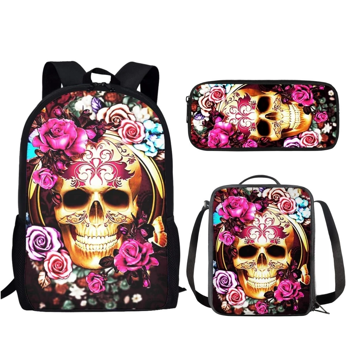 Colorful Gothic Flowers Skull School Bag 3pcs/set for Kid Large Capacity Men School Bags Student Backpacks Lunch Bag Pencil Case