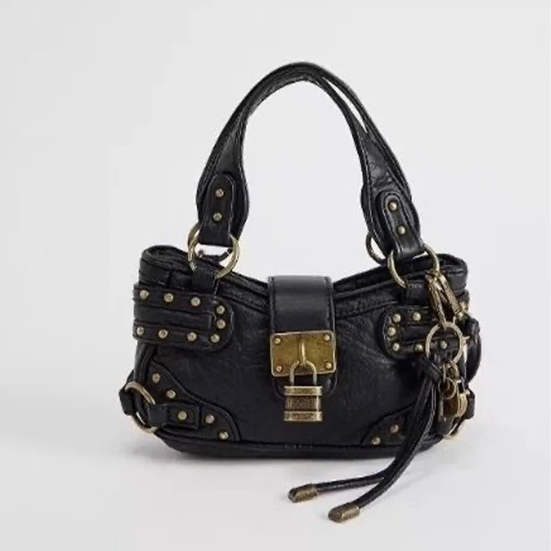 

Fashionable Retro Rivet Black Women's Rivet Motorcycle Bag Hot Girl 2K Wilderness Style Niche Design Single Shoulder Crossbody B