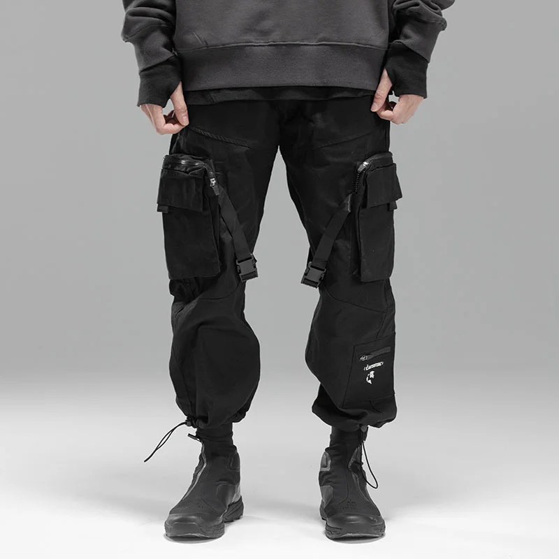 

Men's Drawstring Pants Side Pockets Loose Techwear Trousers Mechanical Pocket Ribbon Jogger