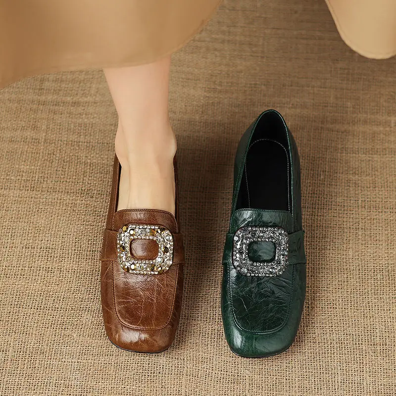 2026 new spring autumn women pumps natural leather 22-25cm sheepskin round toe buckle women shoes round heel loafers fashion