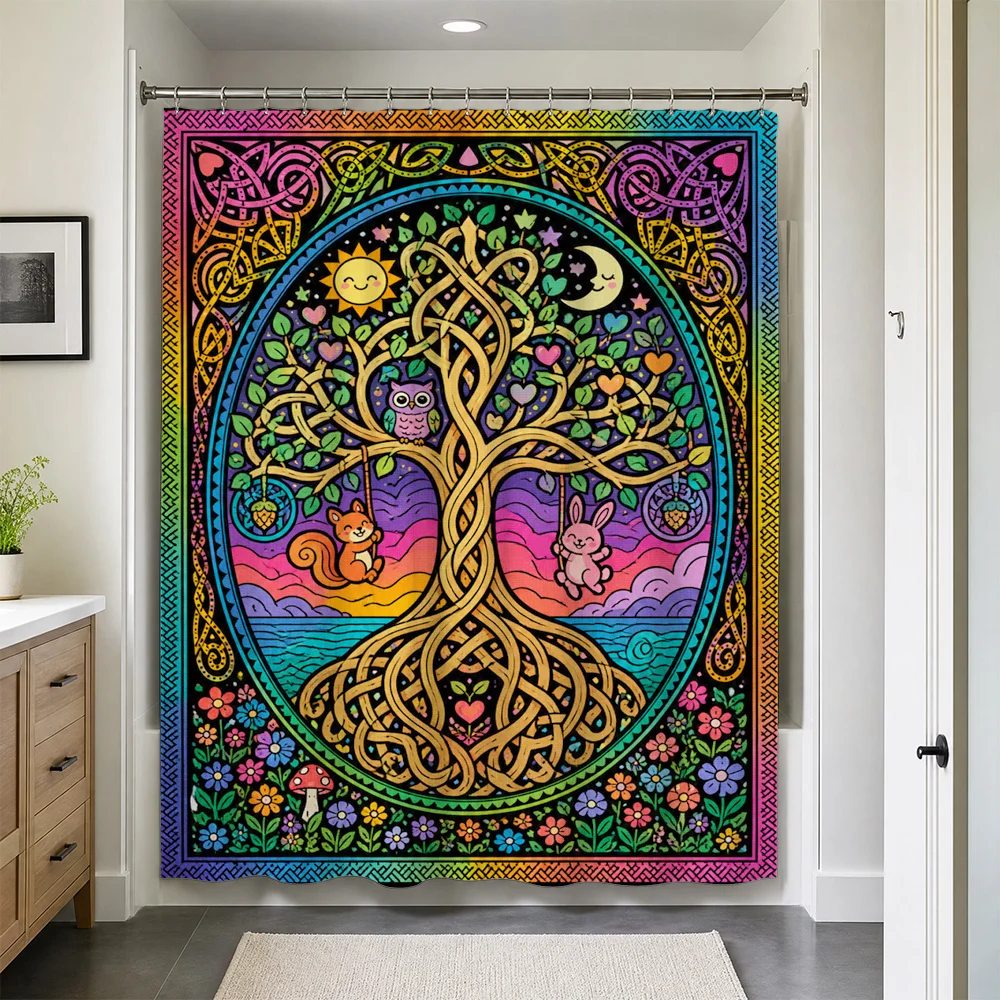 Boho Tree of Life Mandala Shower Curtain Waterproof Tapestry Rainbow Colors Boho Kids Fantasy Bathroom Decor Art Print Shower Cu