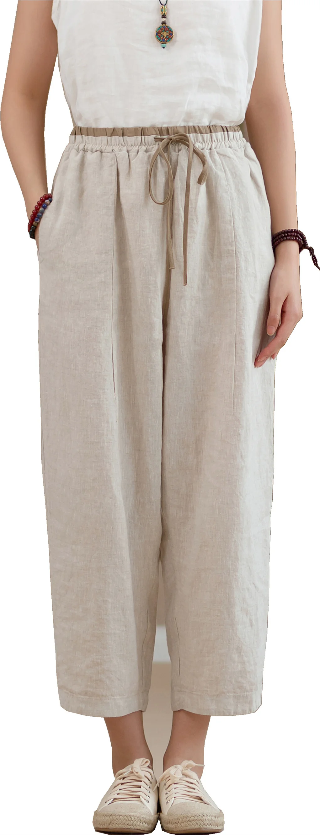 

Shanghai Story Womens Linen Pants High Waisted Wide Leg Drawstring Casual Loose Trousers with Pockets