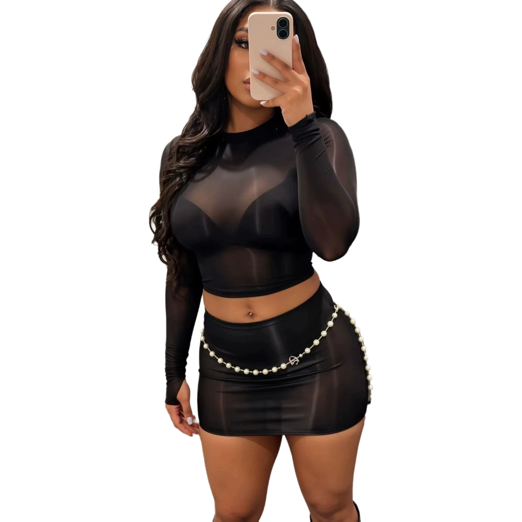 Sexy Hot Erotic Lingerie High Elasticity Glossy, See-through Long‑Sleeve Top Short Skirt 2-piece Set Nightclub Outfit 3DVI