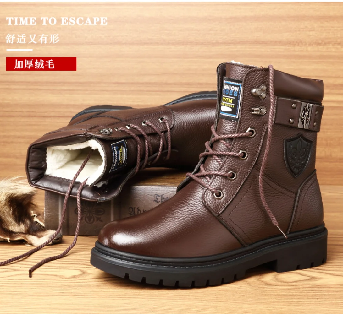 

Autumn Winter Leather Men's Boots Comfortable Warm Lace-Up Safety Fashion Boots Waterproof Non-Slip Rubber Male Ankle Boots